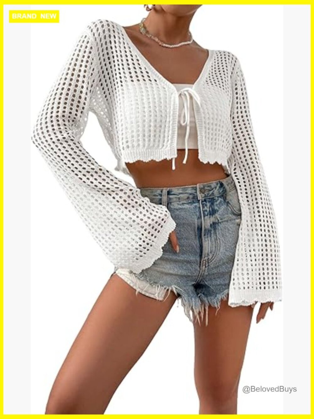 Crochet Tie Front Cardigan Boho Bell Sleeve Lightweight Cover Up